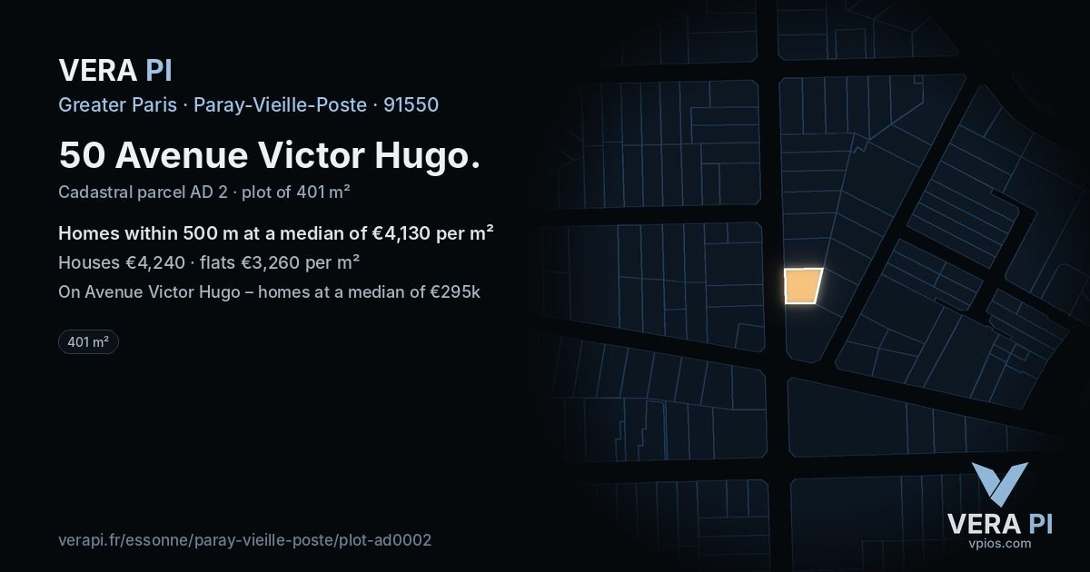 50 Avenue Victor Hugo, Paray-Vieille-Poste at night – the plot lit, the parcels around coloured by the prices near them