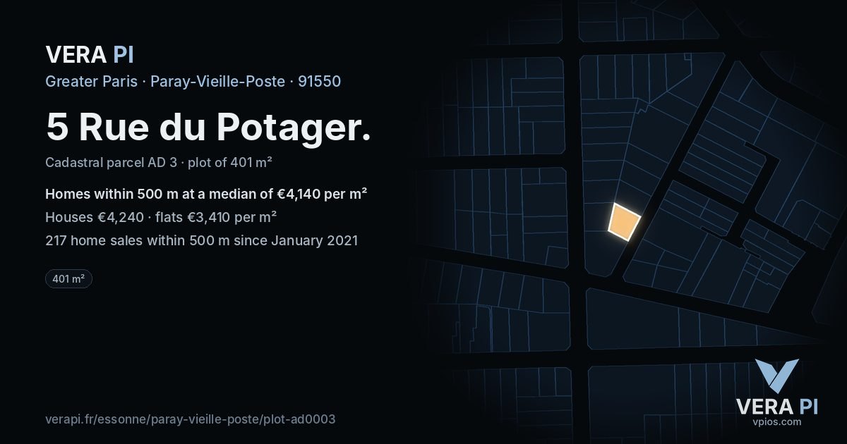 5 Rue du Potager, Paray-Vieille-Poste at night – the plot lit, the parcels around coloured by the prices near them