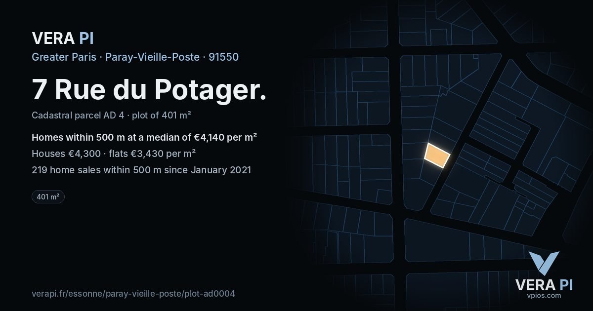 7 Rue du Potager, Paray-Vieille-Poste at night – the plot lit, the parcels around coloured by the prices near them