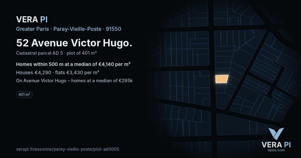 52 Avenue Victor Hugo, Paray-Vieille-Poste at night – the plot lit, the parcels around coloured by the prices near them