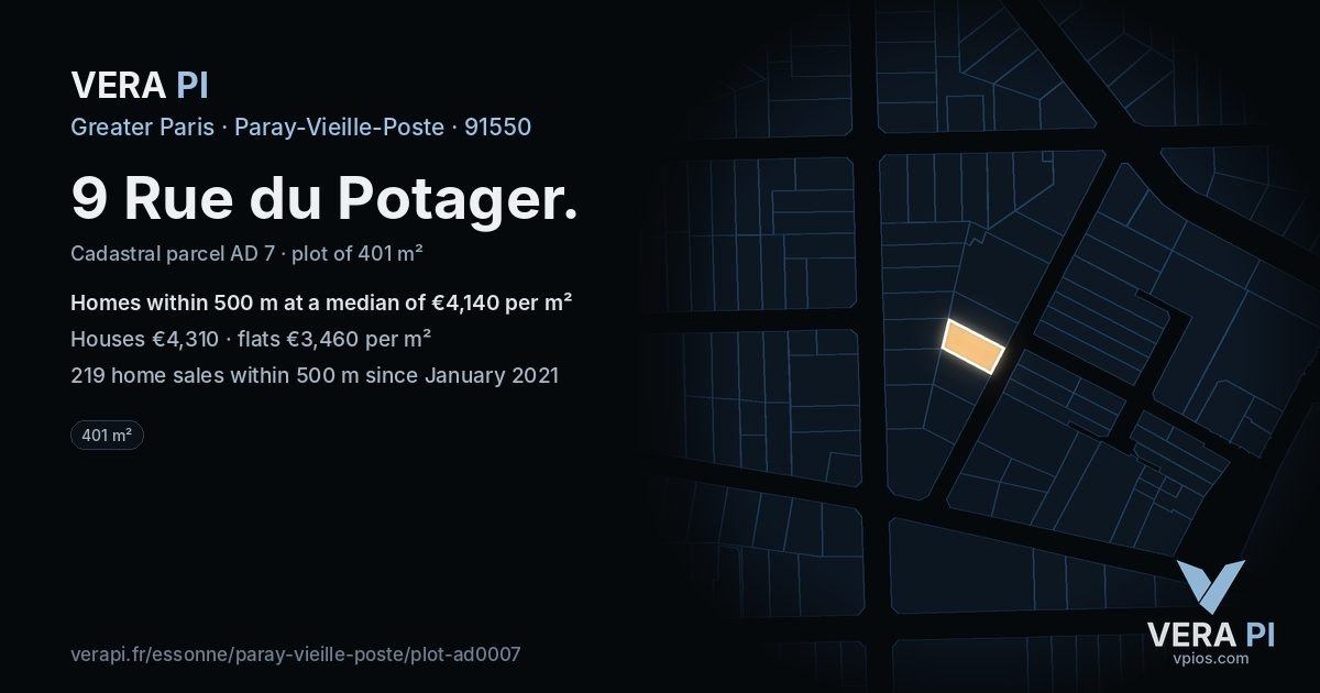 9 Rue du Potager, Paray-Vieille-Poste at night – the plot lit, the parcels around coloured by the prices near them