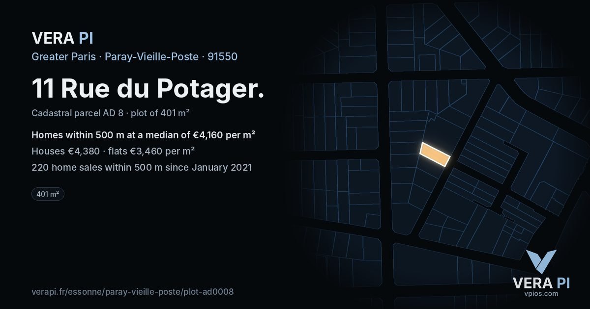 11 Rue du Potager, Paray-Vieille-Poste at night – the plot lit, the parcels around coloured by the prices near them