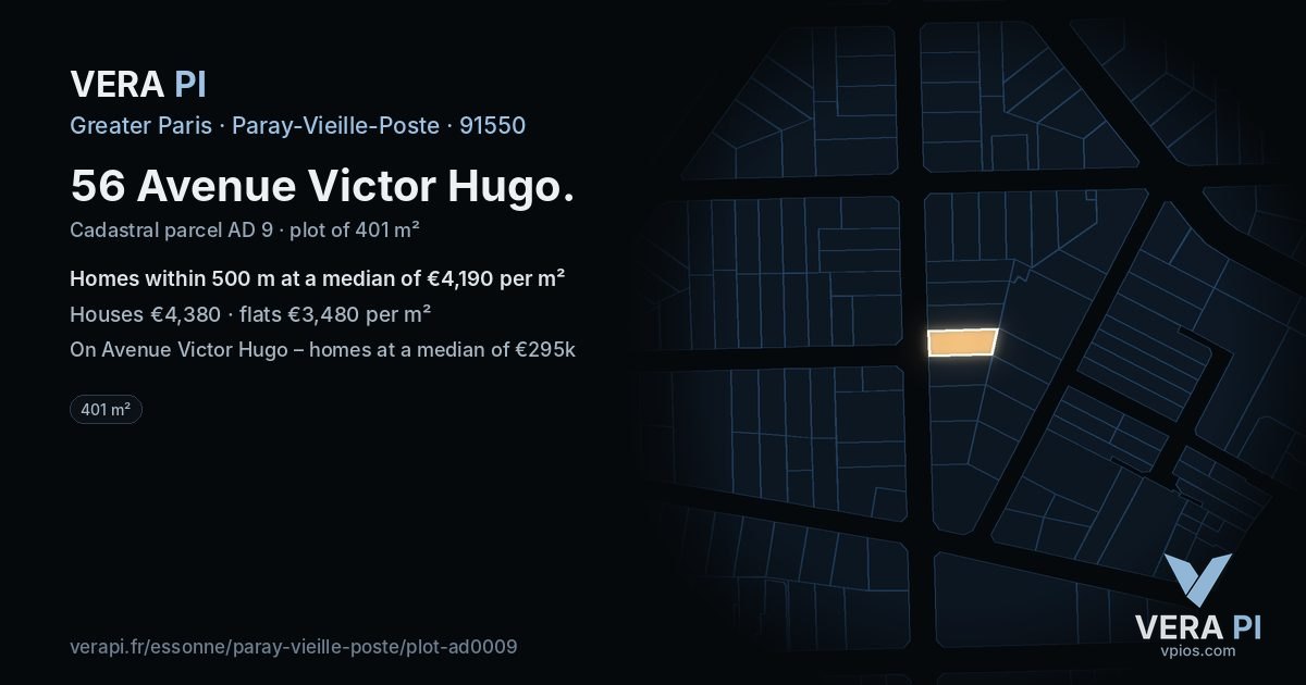 56 Avenue Victor Hugo, Paray-Vieille-Poste at night – the plot lit, the parcels around coloured by the prices near them