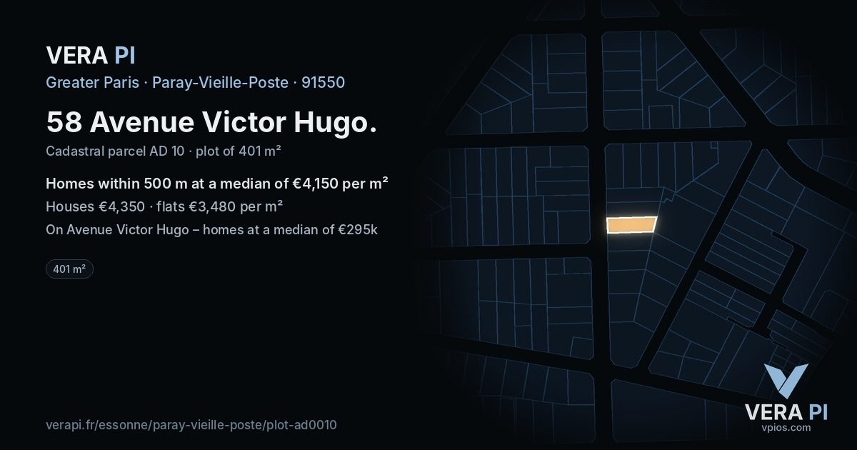 58 Avenue Victor Hugo, Paray-Vieille-Poste at night – the plot lit, the parcels around coloured by the prices near them