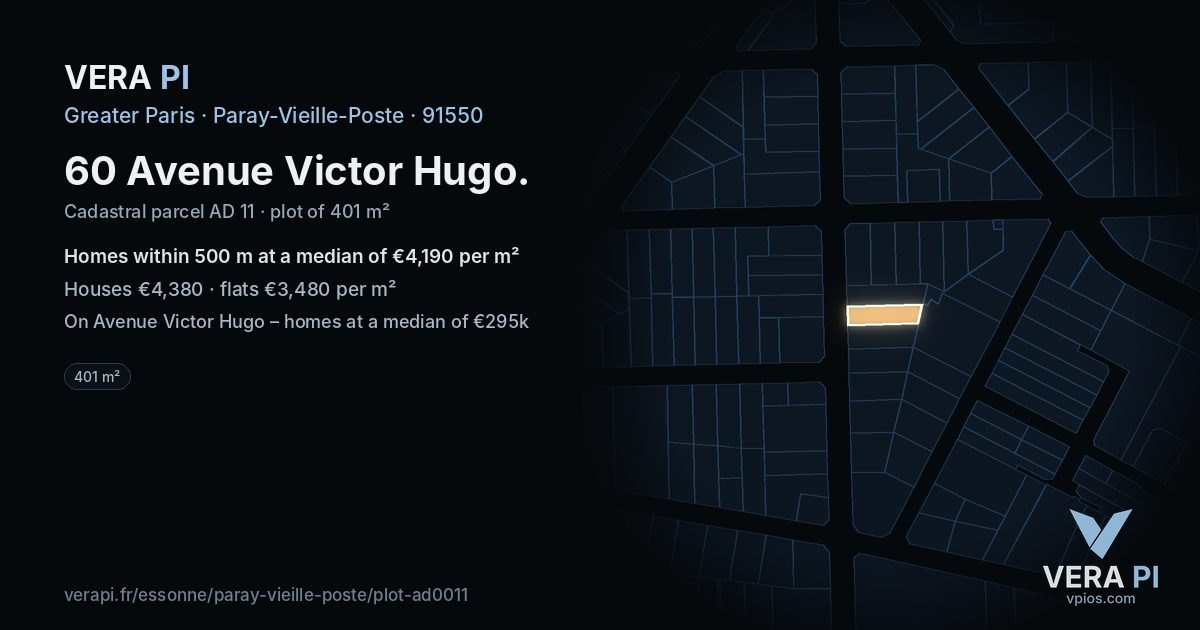 60 Avenue Victor Hugo, Paray-Vieille-Poste at night – the plot lit, the parcels around coloured by the prices near them