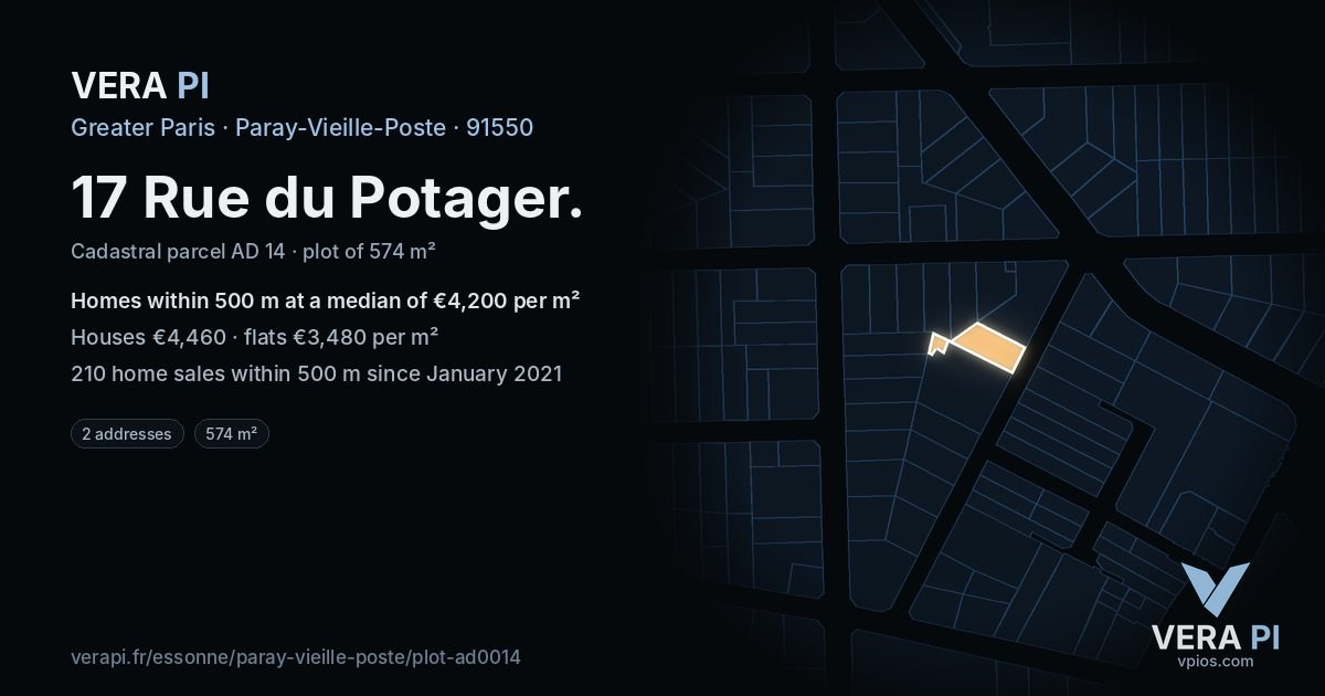 17 Rue du Potager, Paray-Vieille-Poste at night – the plot lit, the parcels around coloured by the prices near them
