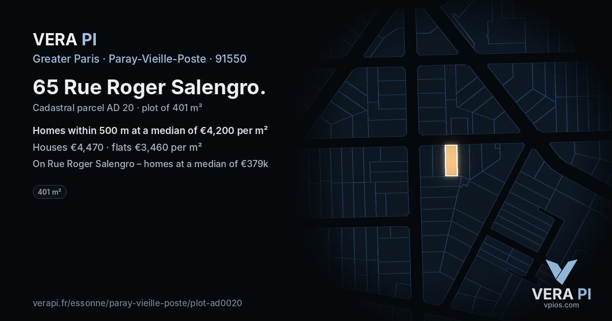65 Rue Roger Salengro, Paray-Vieille-Poste at night – the plot lit, the parcels around coloured by the prices near them