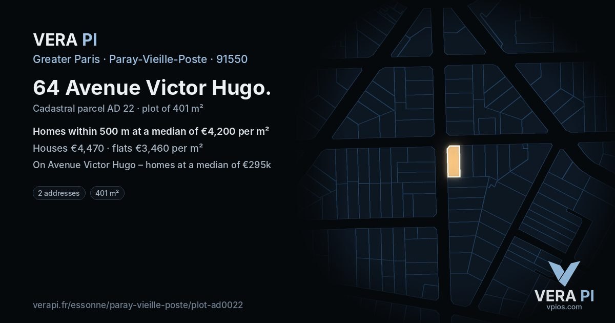 64 Avenue Victor Hugo, Paray-Vieille-Poste at night – the plot lit, the parcels around coloured by the prices near them