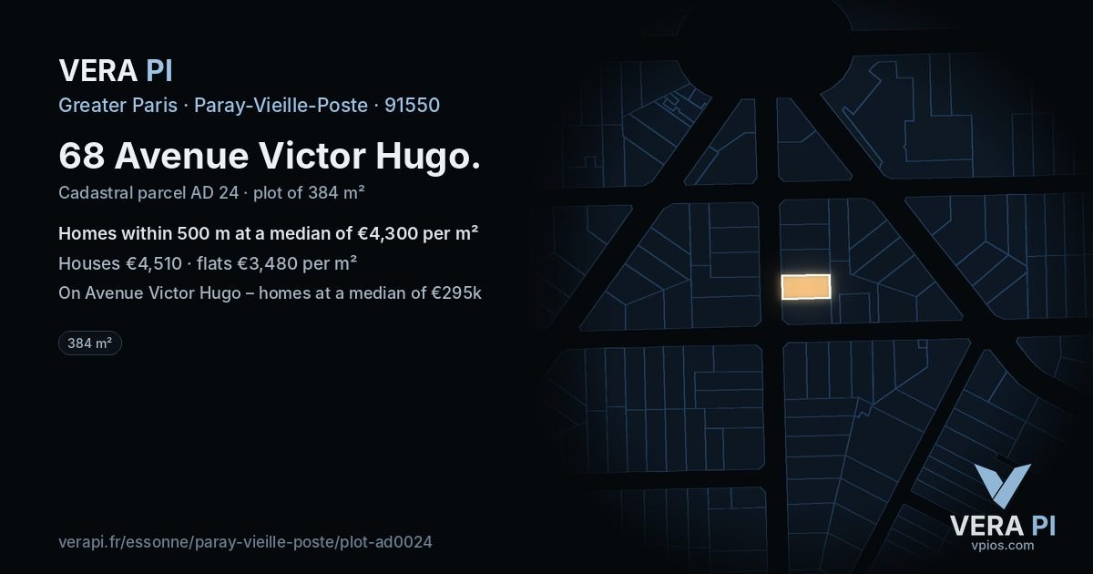 68 Avenue Victor Hugo, Paray-Vieille-Poste at night – the plot lit, the parcels around coloured by the prices near them