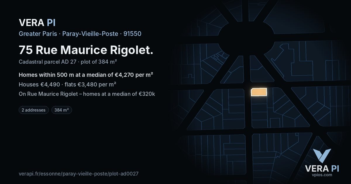 75 Rue Maurice Rigolet, Paray-Vieille-Poste at night – the plot lit, the parcels around coloured by the prices near them