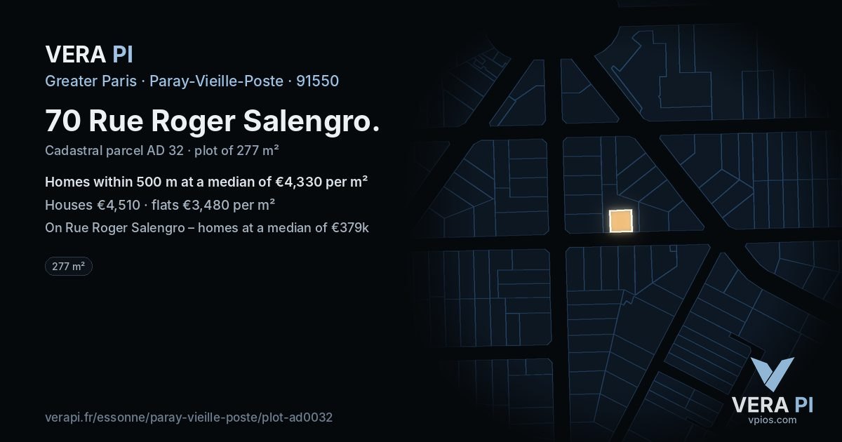 70 Rue Roger Salengro, Paray-Vieille-Poste at night – the plot lit, the parcels around coloured by the prices near them