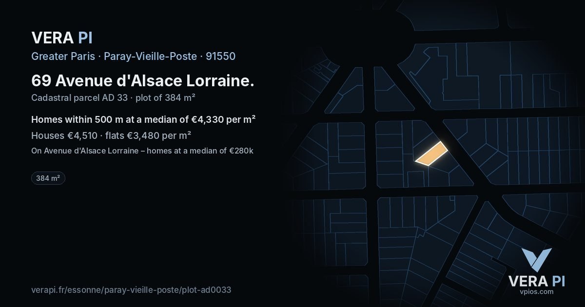 69 Avenue d'Alsace Lorraine, Paray-Vieille-Poste at night – the plot lit, the parcels around coloured by the prices near them