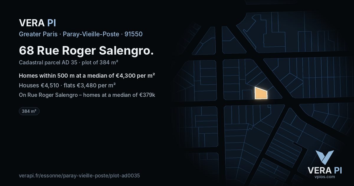 68 Rue Roger Salengro, Paray-Vieille-Poste at night – the plot lit, the parcels around coloured by the prices near them