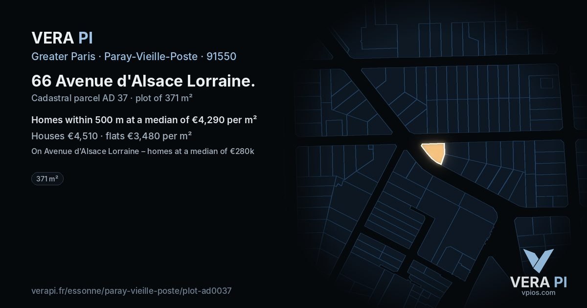 66 Avenue d'Alsace Lorraine, Paray-Vieille-Poste at night – the plot lit, the parcels around coloured by the prices near them