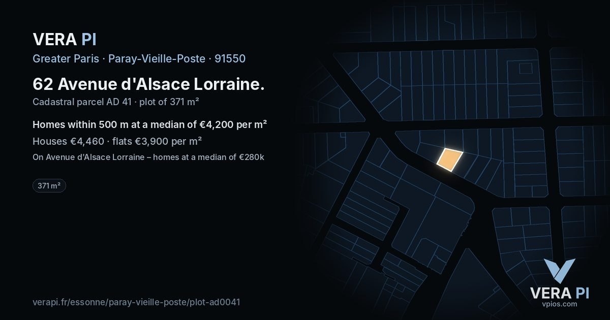 62 Avenue d'Alsace Lorraine, Paray-Vieille-Poste at night – the plot lit, the parcels around coloured by the prices near them
