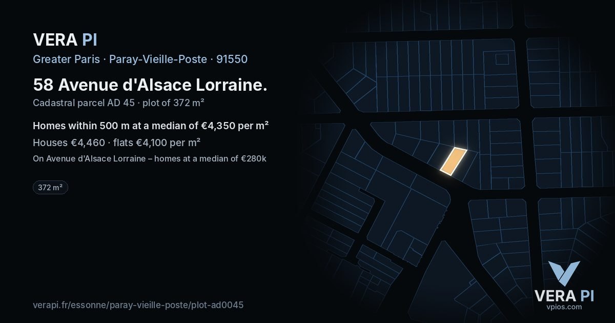 58 Avenue d'Alsace Lorraine, Paray-Vieille-Poste at night – the plot lit, the parcels around coloured by the prices near them