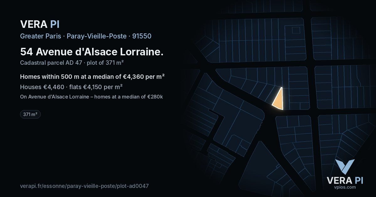 54 Avenue d'Alsace Lorraine, Paray-Vieille-Poste at night – the plot lit, the parcels around coloured by the prices near them