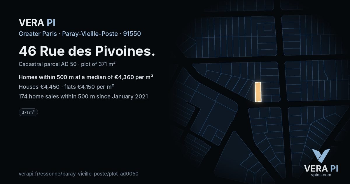 46 Rue des Pivoines, Paray-Vieille-Poste at night – the plot lit, the parcels around coloured by the prices near them