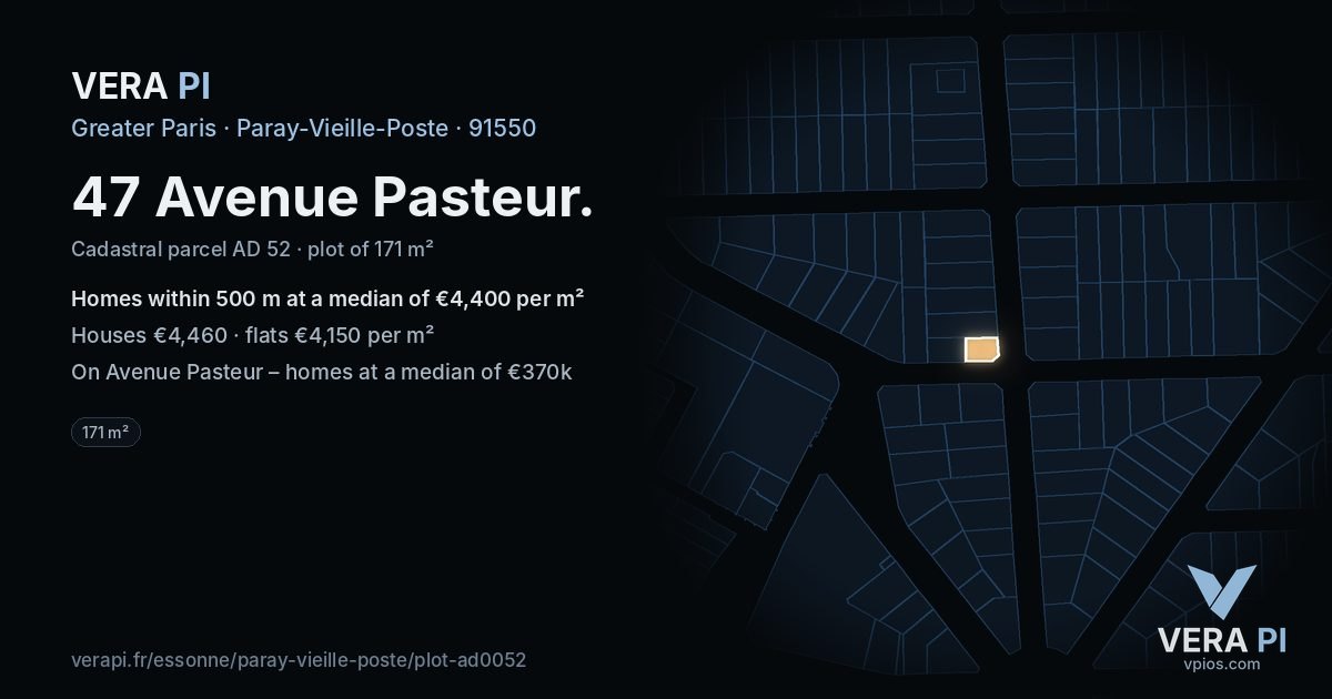 47 Avenue Pasteur, Paray-Vieille-Poste at night – the plot lit, the parcels around coloured by the prices near them