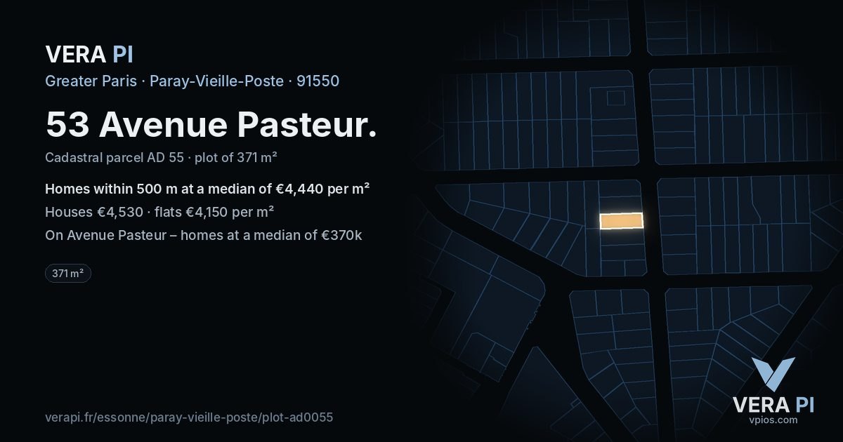 53 Avenue Pasteur, Paray-Vieille-Poste at night – the plot lit, the parcels around coloured by the prices near them