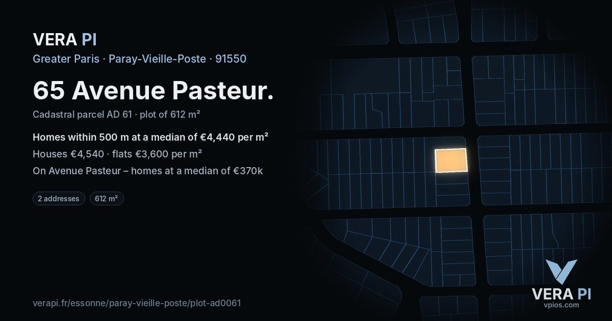 65 Avenue Pasteur, Paray-Vieille-Poste at night – the plot lit, the parcels around coloured by the prices near them