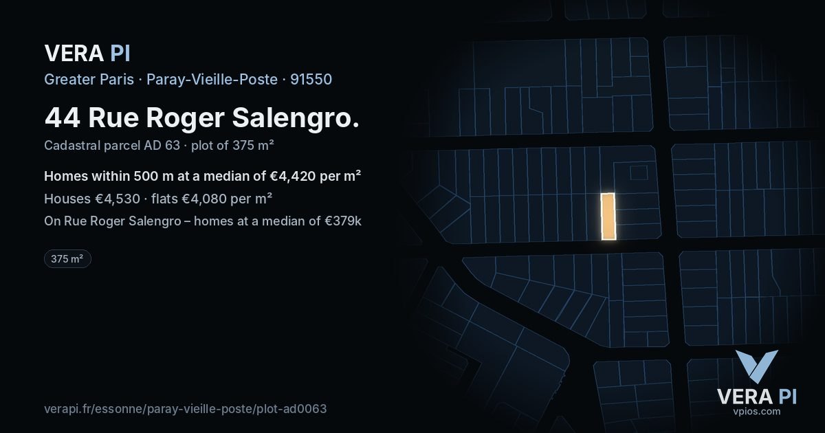 44 Rue Roger Salengro, Paray-Vieille-Poste at night – the plot lit, the parcels around coloured by the prices near them