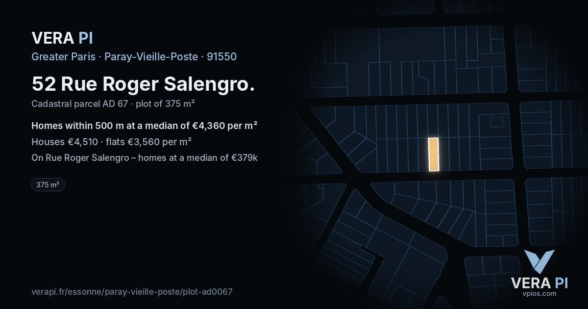 52 Rue Roger Salengro, Paray-Vieille-Poste at night – the plot lit, the parcels around coloured by the prices near them
