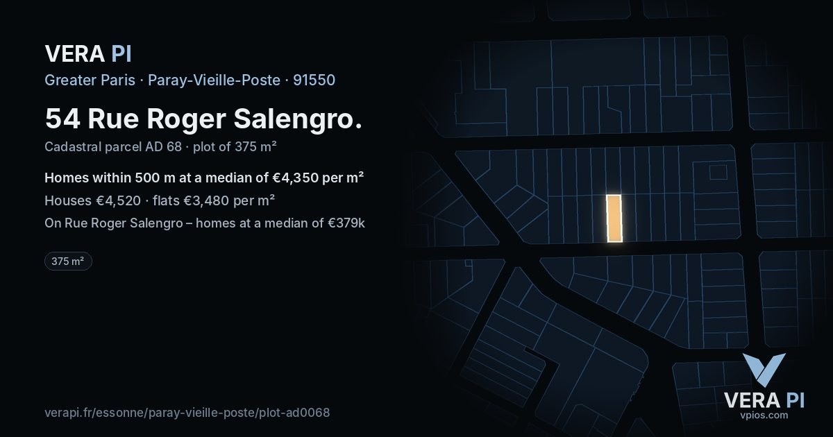 54 Rue Roger Salengro, Paray-Vieille-Poste at night – the plot lit, the parcels around coloured by the prices near them