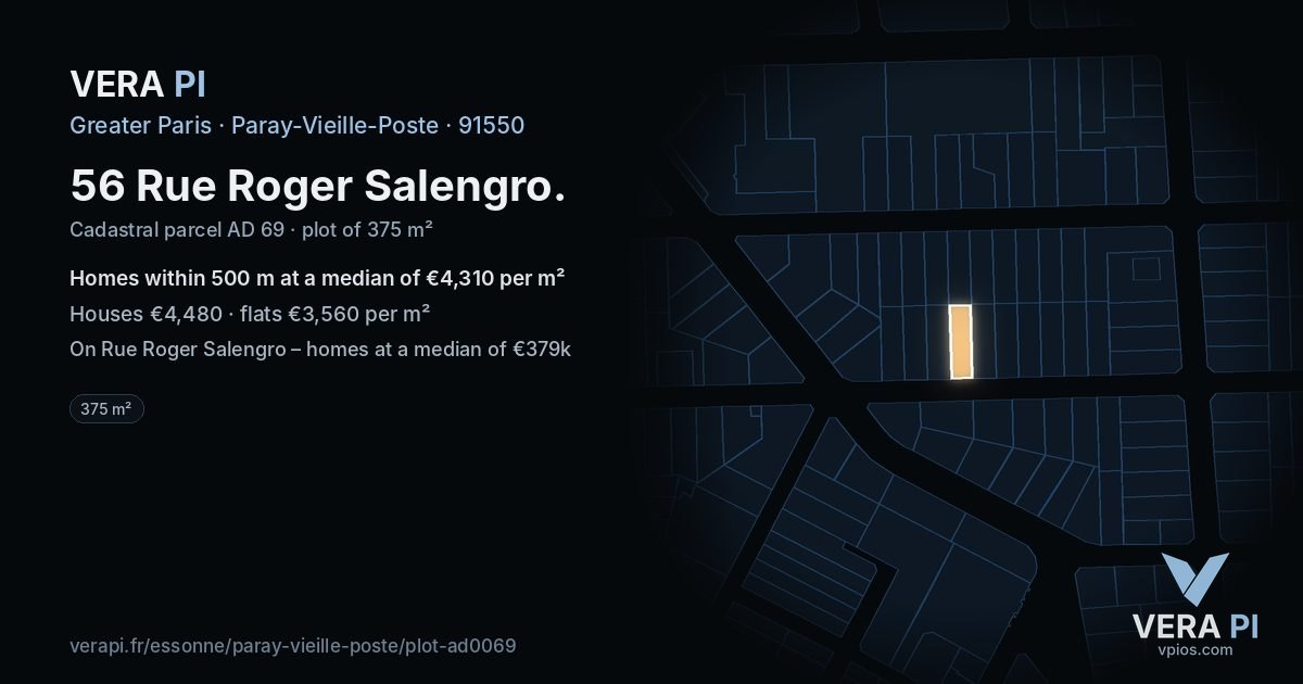56 Rue Roger Salengro, Paray-Vieille-Poste at night – the plot lit, the parcels around coloured by the prices near them