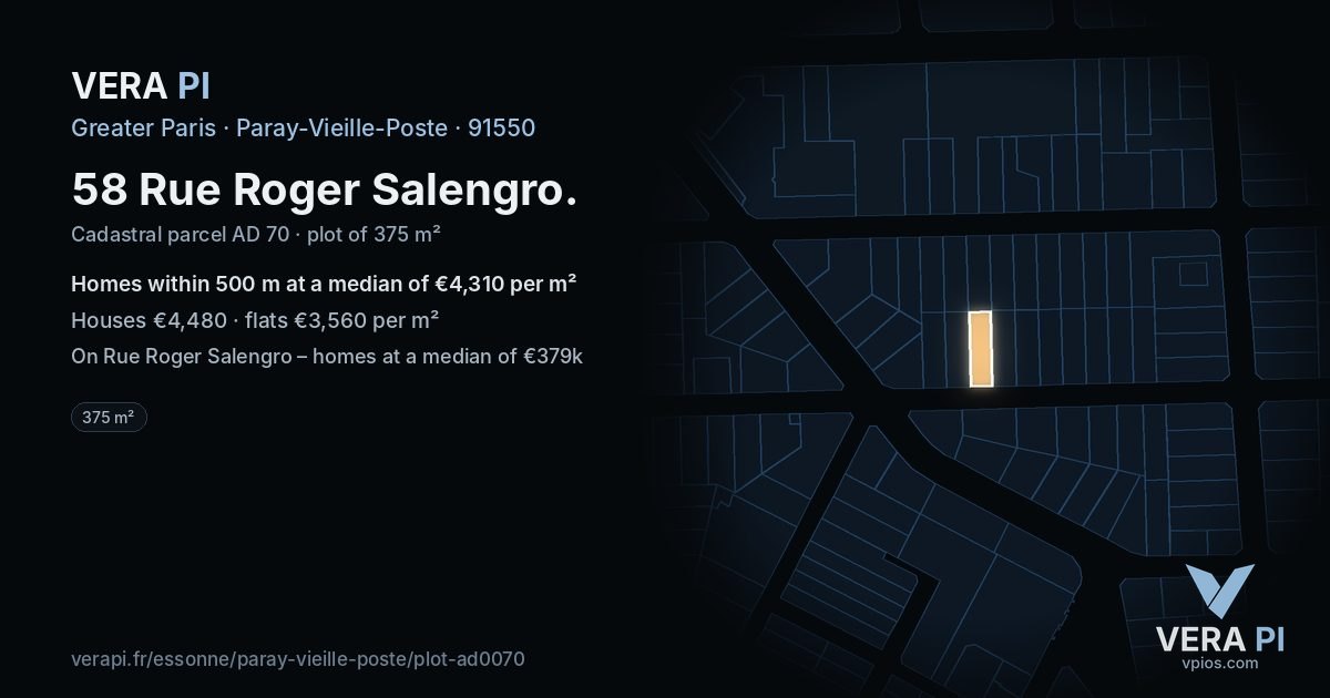 58 Rue Roger Salengro, Paray-Vieille-Poste at night – the plot lit, the parcels around coloured by the prices near them