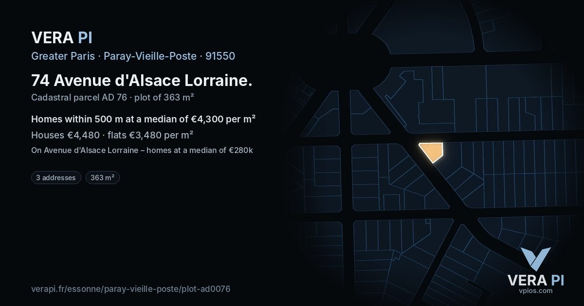 74 Avenue d'Alsace Lorraine, Paray-Vieille-Poste at night – the plot lit, the parcels around coloured by the prices near them