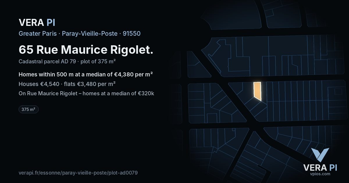 65 Rue Maurice Rigolet, Paray-Vieille-Poste at night – the plot lit, the parcels around coloured by the prices near them