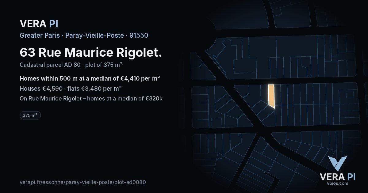 63 Rue Maurice Rigolet, Paray-Vieille-Poste at night – the plot lit, the parcels around coloured by the prices near them