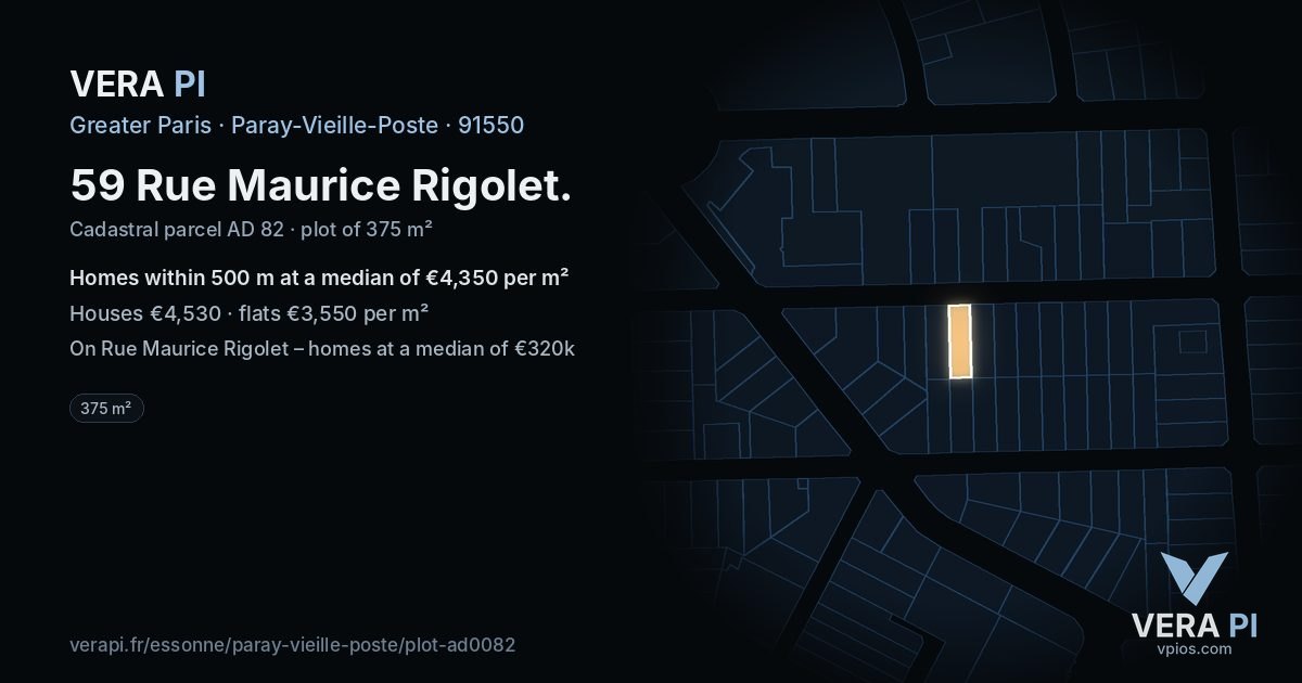 59 Rue Maurice Rigolet, Paray-Vieille-Poste at night – the plot lit, the parcels around coloured by the prices near them