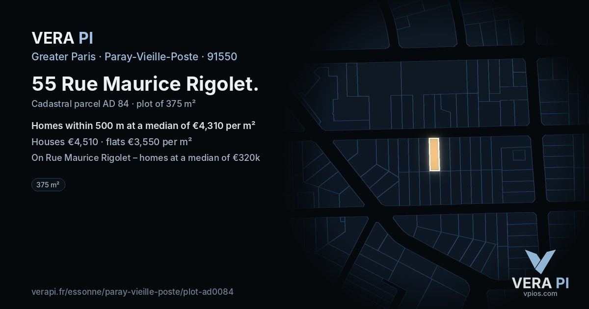 55 Rue Maurice Rigolet, Paray-Vieille-Poste at night – the plot lit, the parcels around coloured by the prices near them