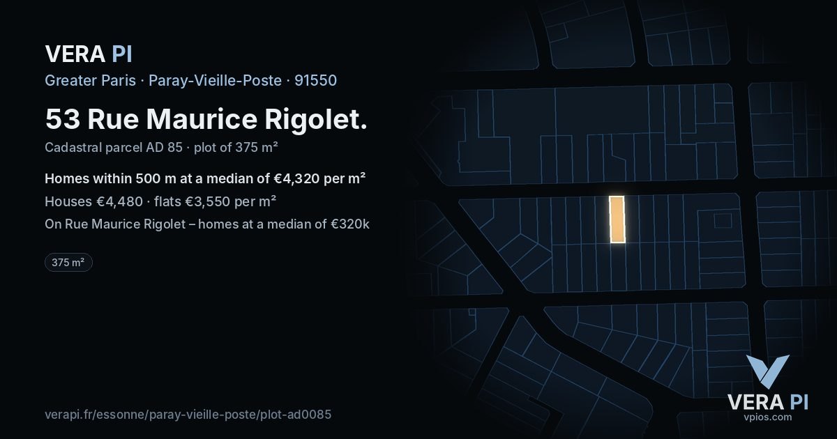 53 Rue Maurice Rigolet, Paray-Vieille-Poste at night – the plot lit, the parcels around coloured by the prices near them