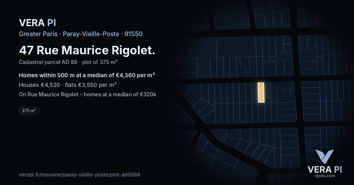 47 Rue Maurice Rigolet, Paray-Vieille-Poste at night – the plot lit, the parcels around coloured by the prices near them