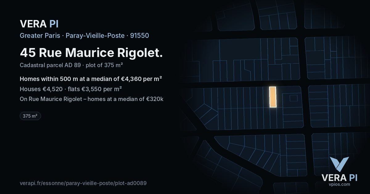45 Rue Maurice Rigolet, Paray-Vieille-Poste at night – the plot lit, the parcels around coloured by the prices near them