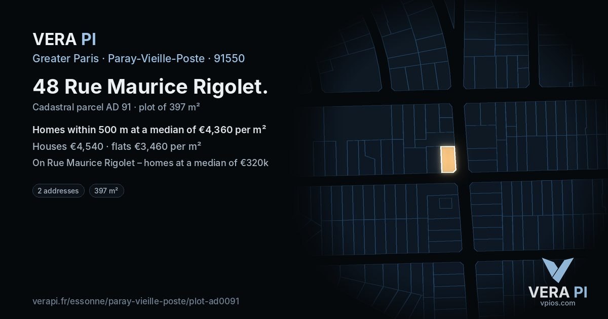 48 Rue Maurice Rigolet, Paray-Vieille-Poste at night – the plot lit, the parcels around coloured by the prices near them