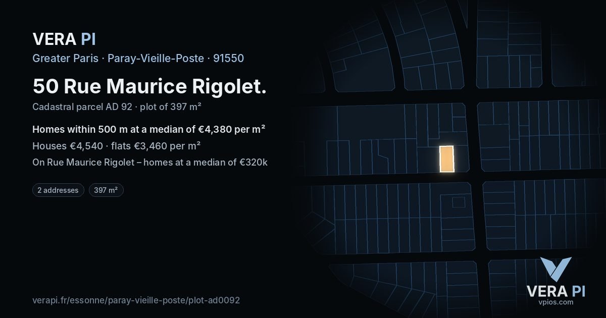 50 Rue Maurice Rigolet, Paray-Vieille-Poste at night – the plot lit, the parcels around coloured by the prices near them
