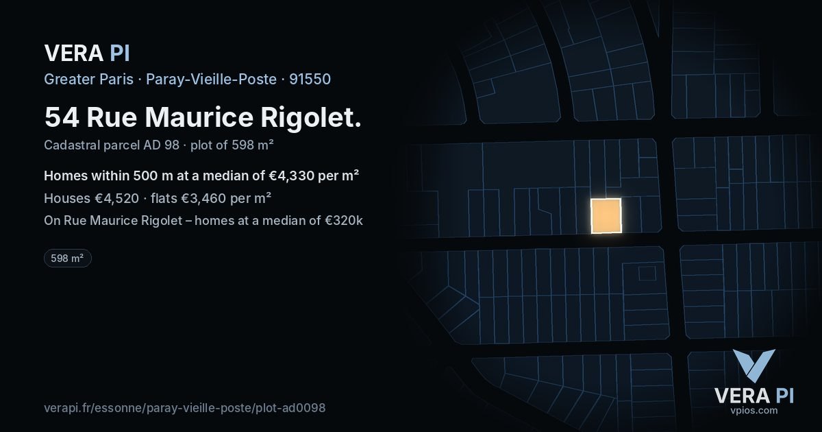 54 Rue Maurice Rigolet, Paray-Vieille-Poste at night – the plot lit, the parcels around coloured by the prices near them