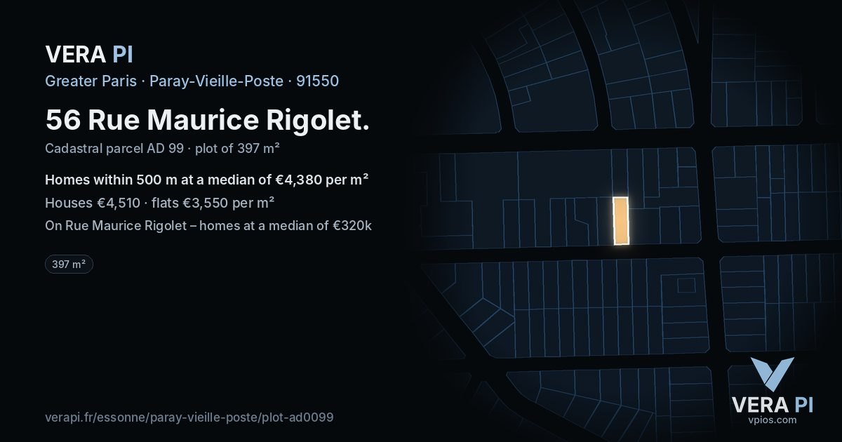 56 Rue Maurice Rigolet, Paray-Vieille-Poste at night – the plot lit, the parcels around coloured by the prices near them