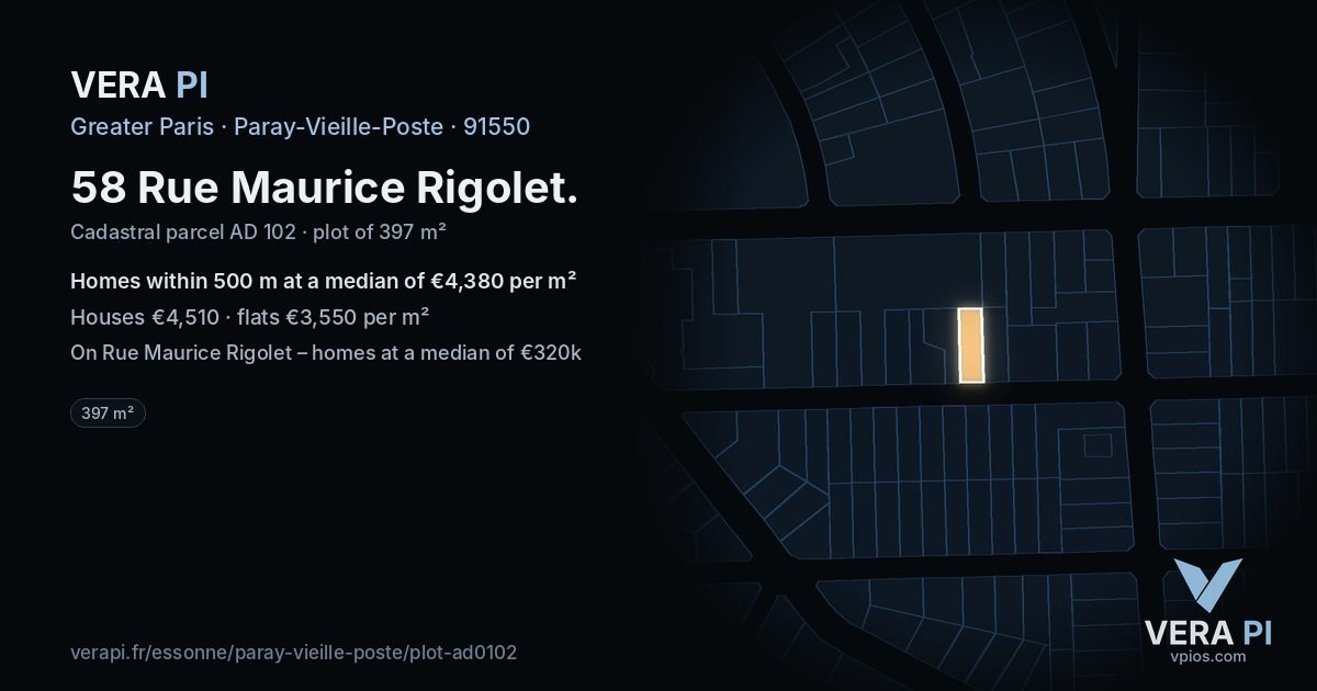 58 Rue Maurice Rigolet, Paray-Vieille-Poste at night – the plot lit, the parcels around coloured by the prices near them
