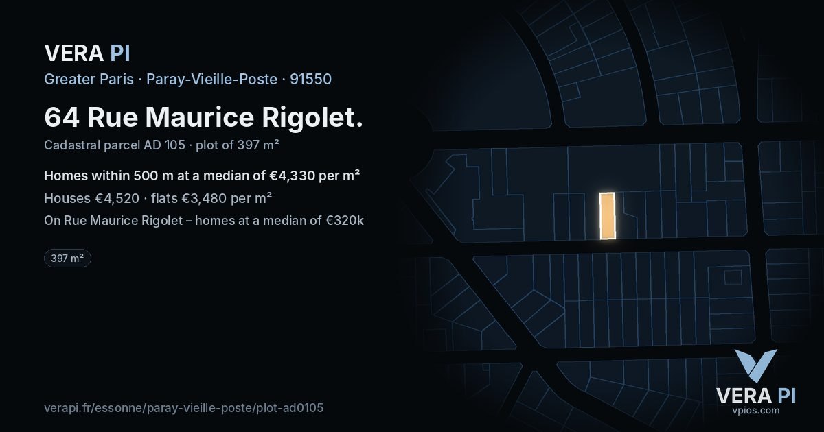 64 Rue Maurice Rigolet, Paray-Vieille-Poste at night – the plot lit, the parcels around coloured by the prices near them