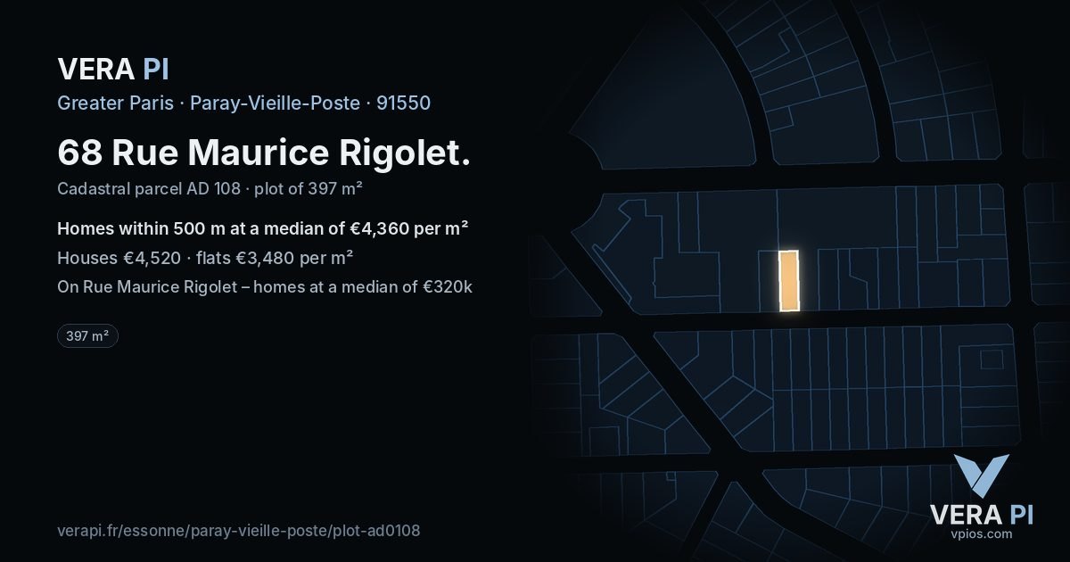 68 Rue Maurice Rigolet, Paray-Vieille-Poste at night – the plot lit, the parcels around coloured by the prices near them