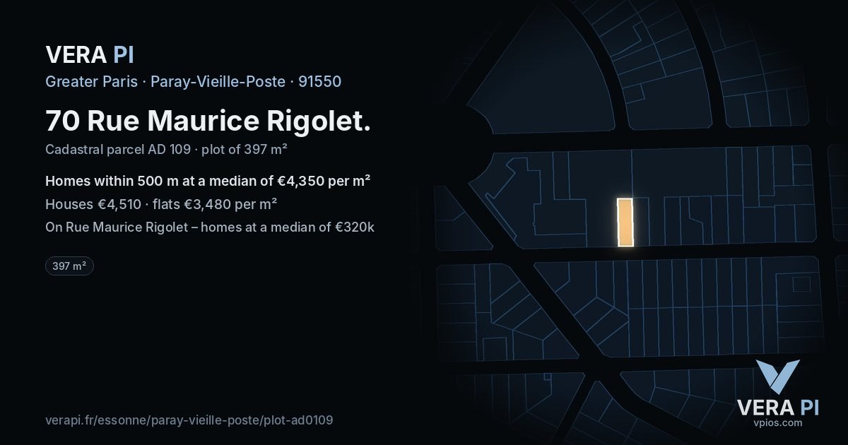 70 Rue Maurice Rigolet, Paray-Vieille-Poste at night – the plot lit, the parcels around coloured by the prices near them