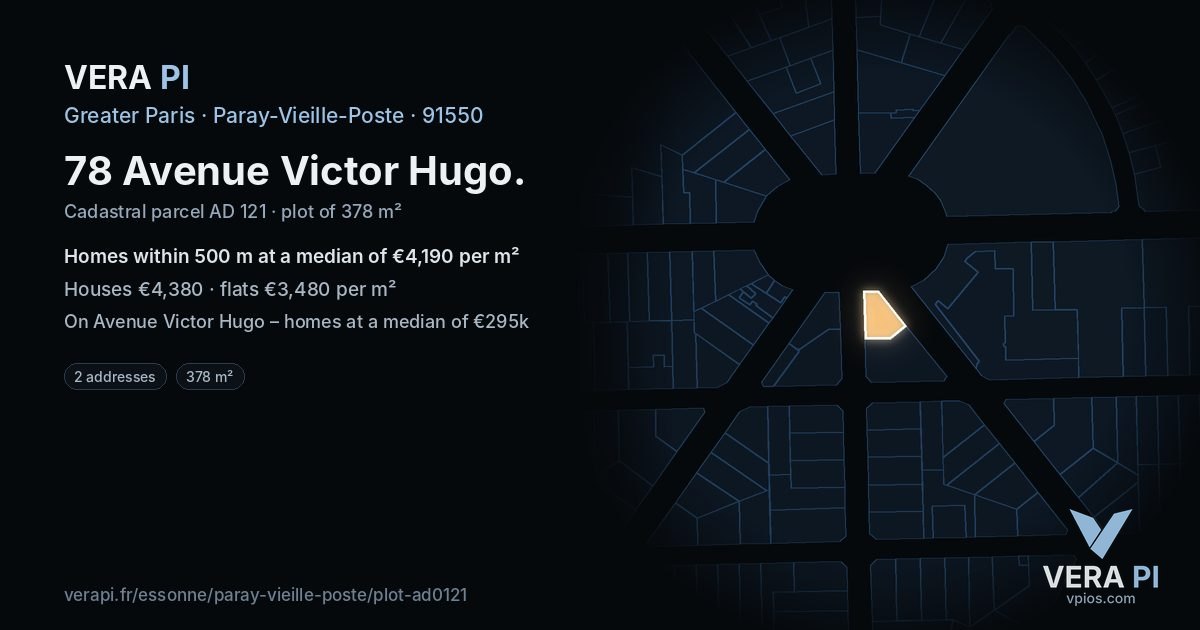 78 Avenue Victor Hugo, Paray-Vieille-Poste at night – the plot lit, the parcels around coloured by the prices near them