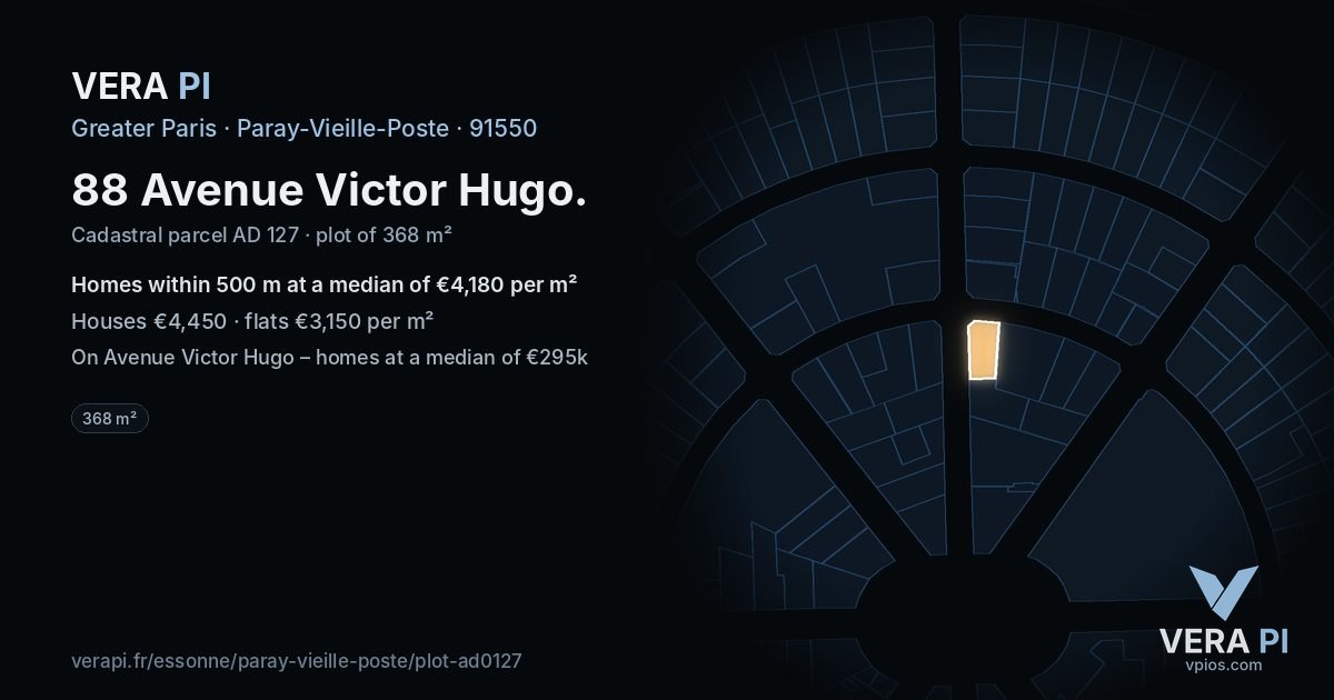 88 Avenue Victor Hugo, Paray-Vieille-Poste at night – the plot lit, the parcels around coloured by the prices near them