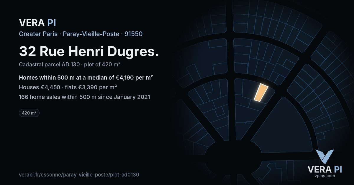 32 Rue Henri Dugres, Paray-Vieille-Poste at night – the plot lit, the parcels around coloured by the prices near them