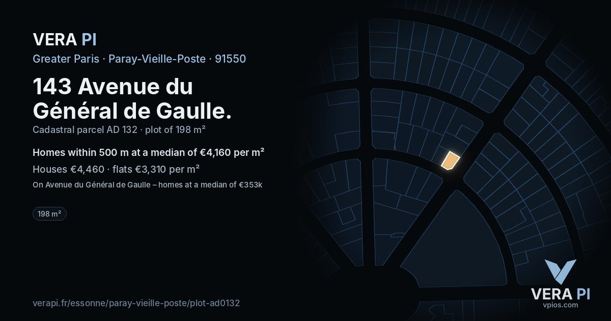 143 Avenue du Général de Gaulle, Paray-Vieille-Poste at night – the plot lit, the parcels around coloured by the prices near them